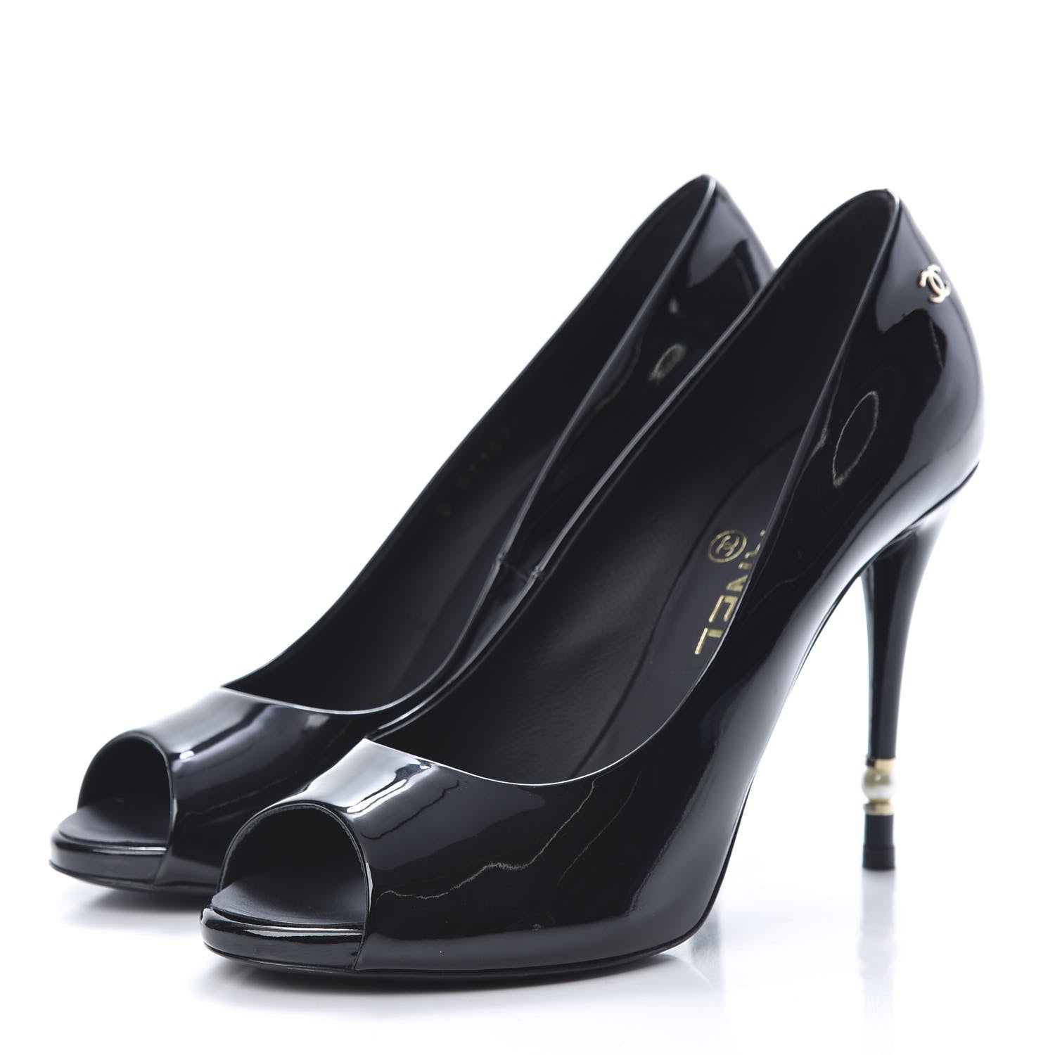 Chanel Patent Pearl Embellished Heel Peep Toe CC Pumps 38.5 Black 3 of 7