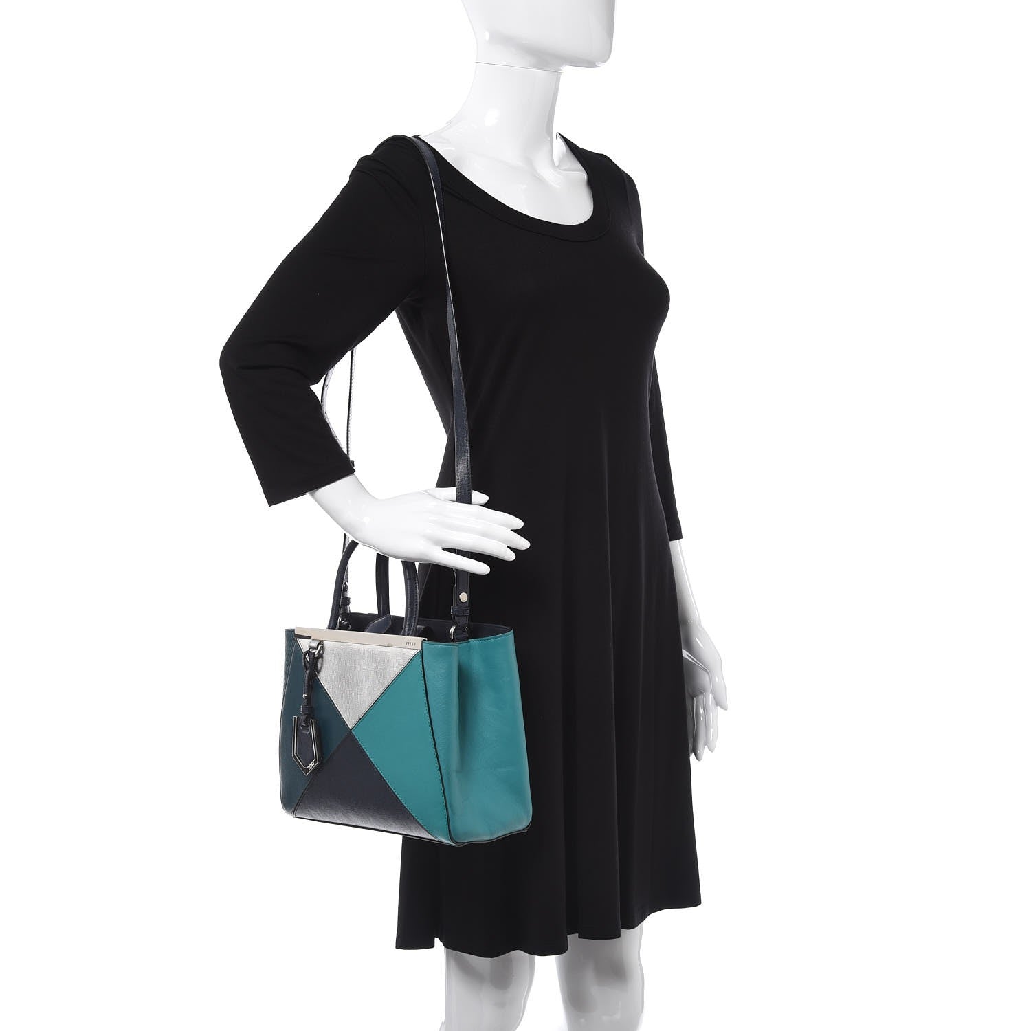 Fendi Vitello Elite Colorblock Petite 2Jours Tote Lavagna Oceano Argento 2 of 9