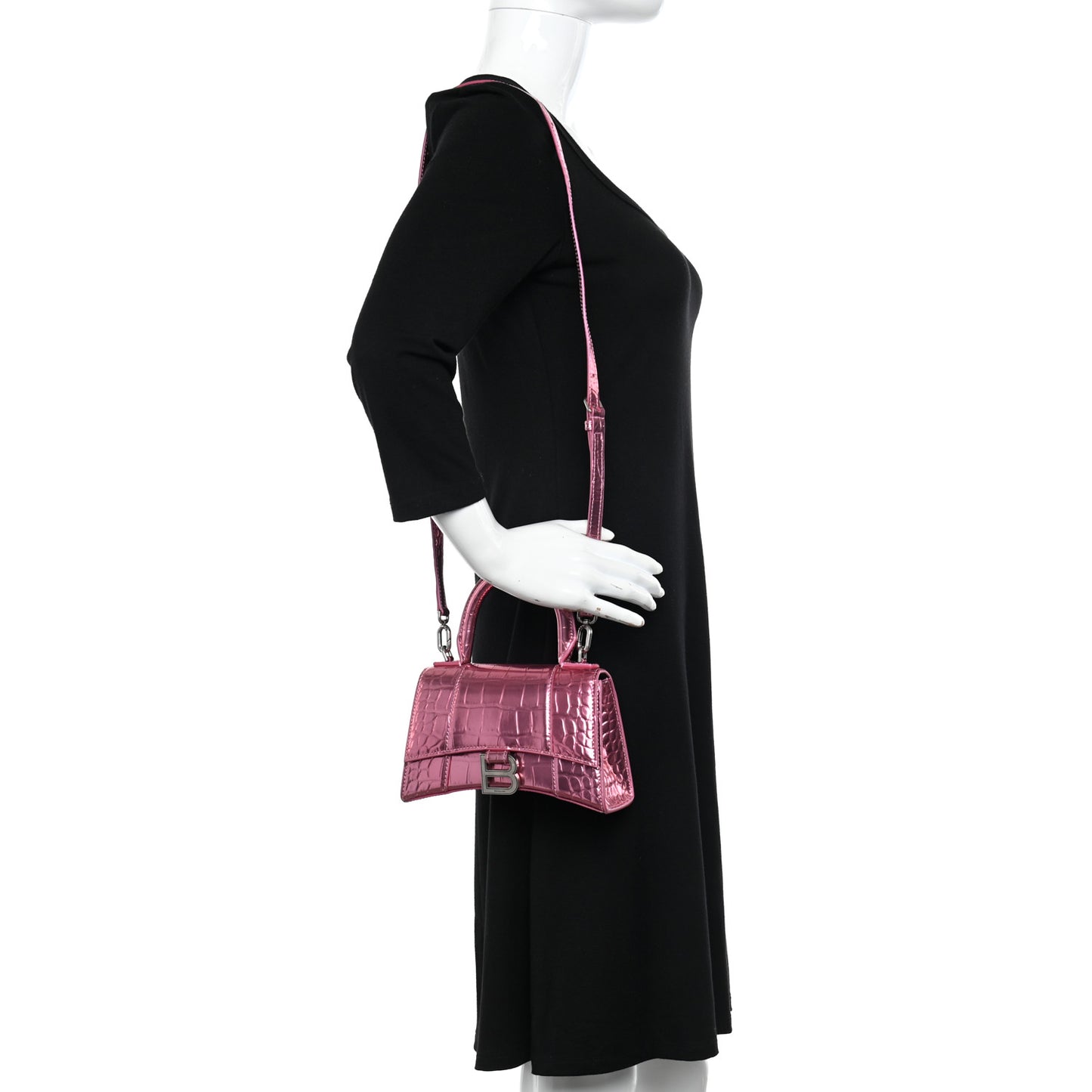 Metallic Shiny Calfskin Crocodile Embossed Hourglass Top Handle Bag XS Pink