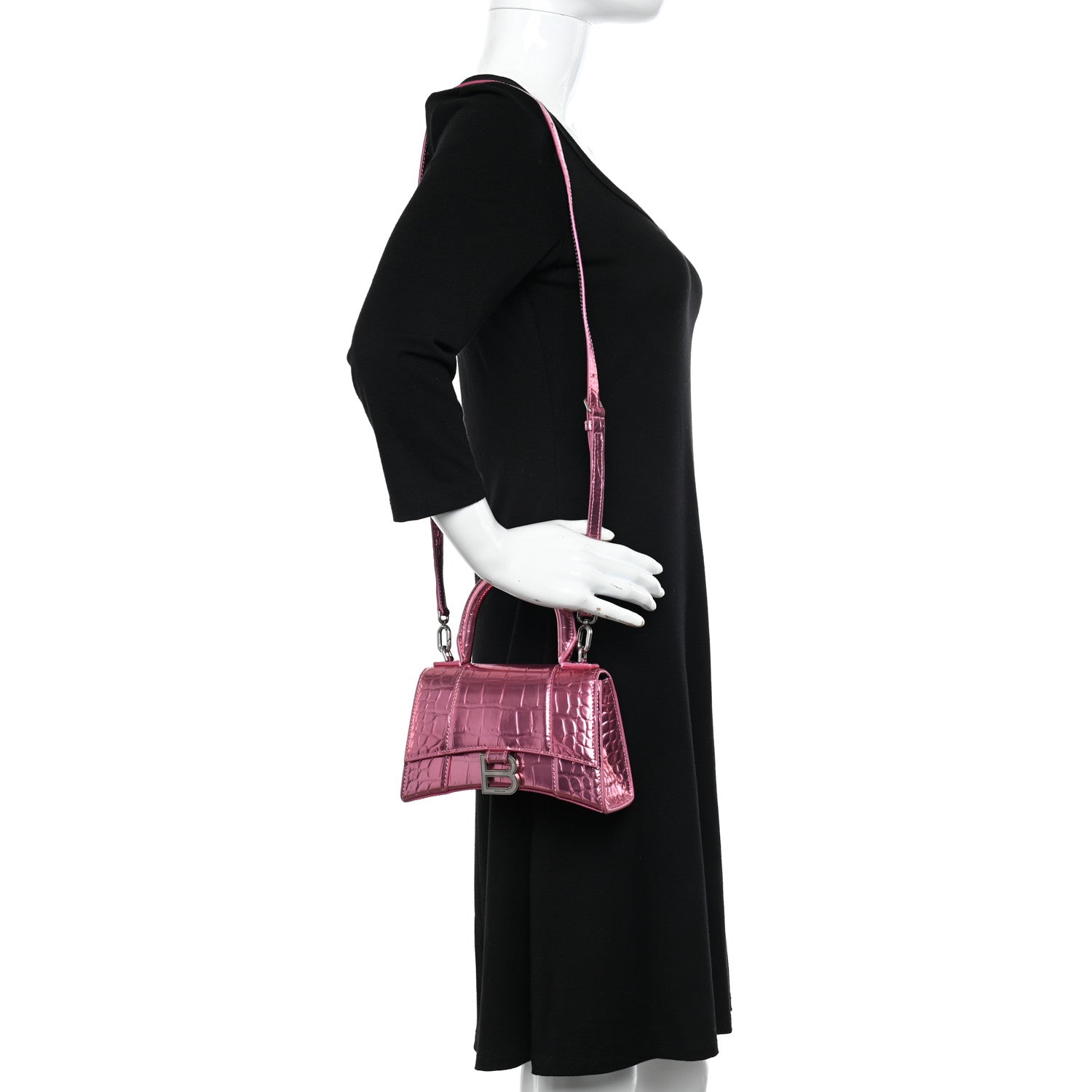 Balenciaga Metallic Shiny Calfskin Crocodile Embossed Hourglass Top Handle Bag XS Pink 2 of 16