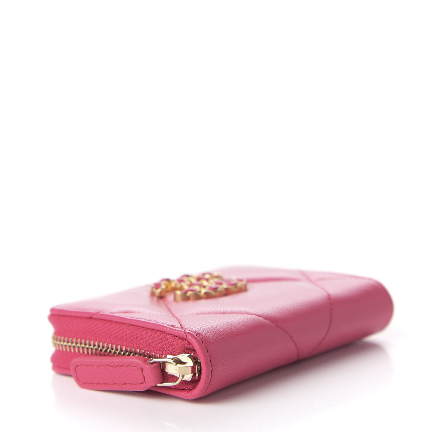 Shiny Goatskin Quilted 19 Zip Around Coin Purse Wallet Pink