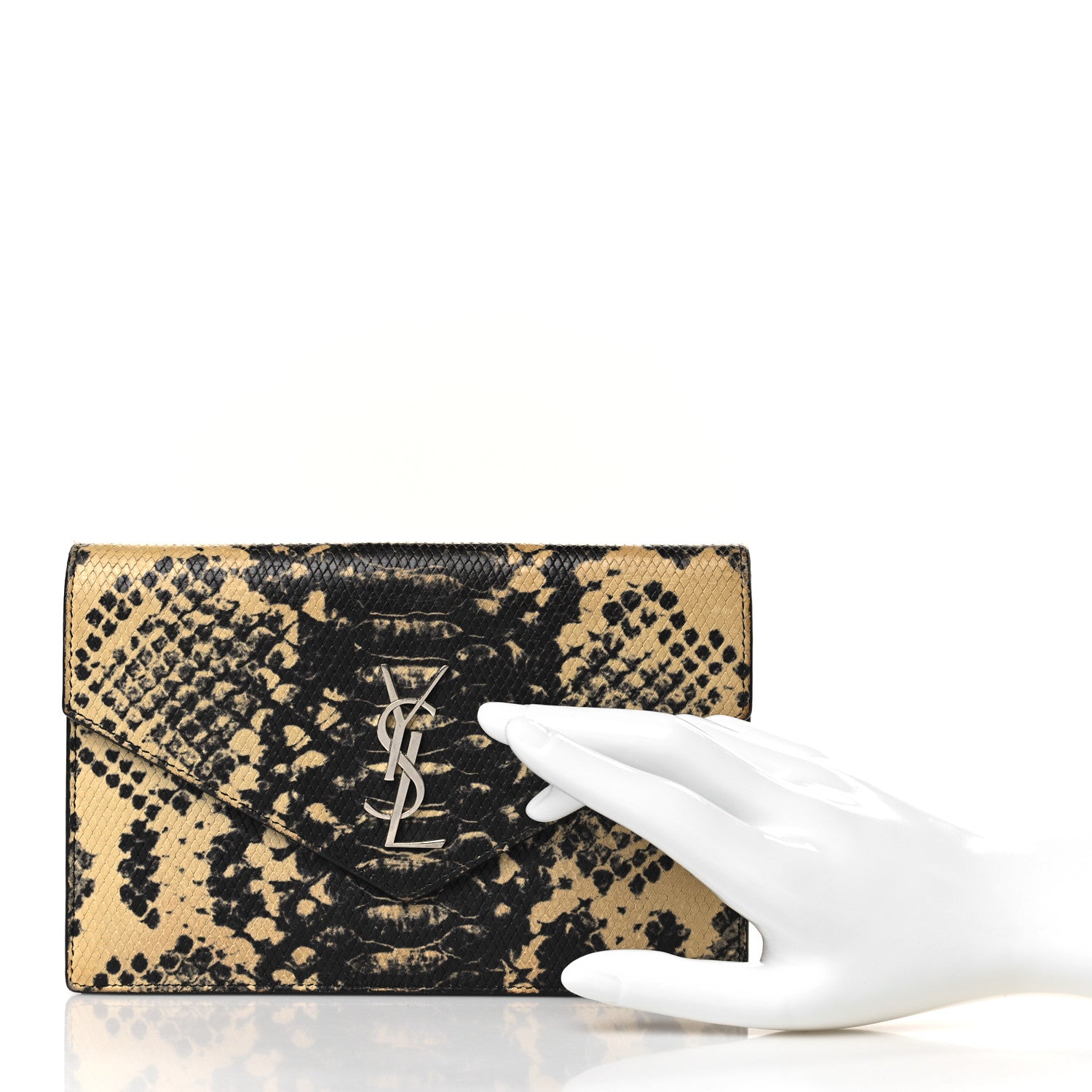 Saint Laurent Calfskin Snakeskin Embossed Monogram Envelope Chain Wallet Beige Black 2 of 8