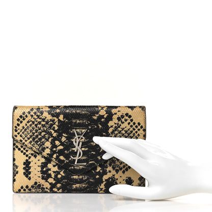 Saint Laurent Calfskin Snakeskin Embossed Monogram Envelope Chain Wallet Beige Black 2 of 8