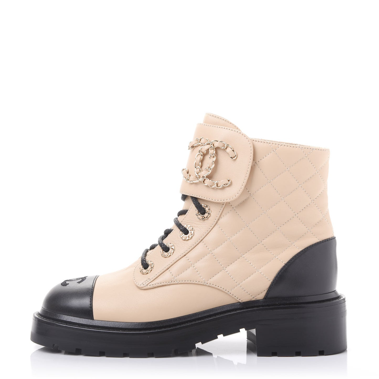 Lambskin Calfskin Quilted Lace Up Combat Boots 36.5 Beige Black