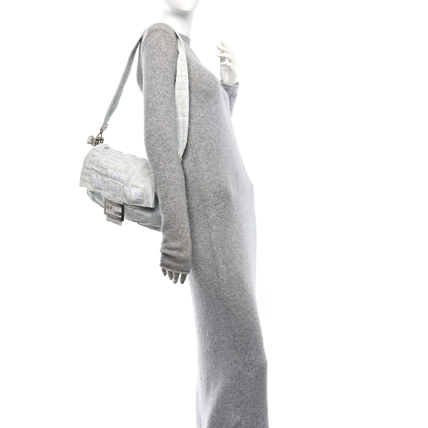 Fendi X MARC JACOBS Bleached Denim Logo Maxi Baguette Off White 2 of 12