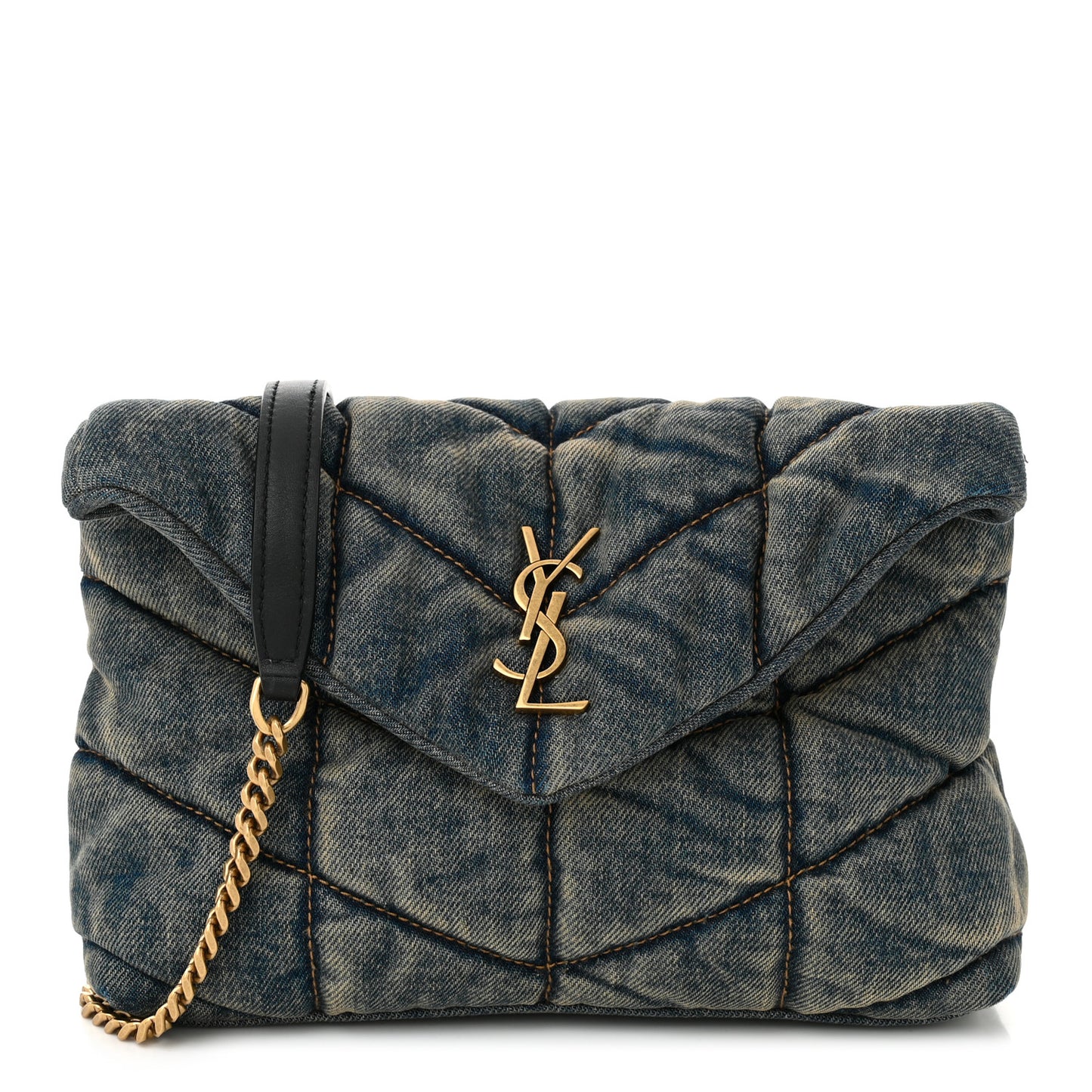 Denim Quilted Toy Loulou Puffer Monogram Chain Satchel Blue Black