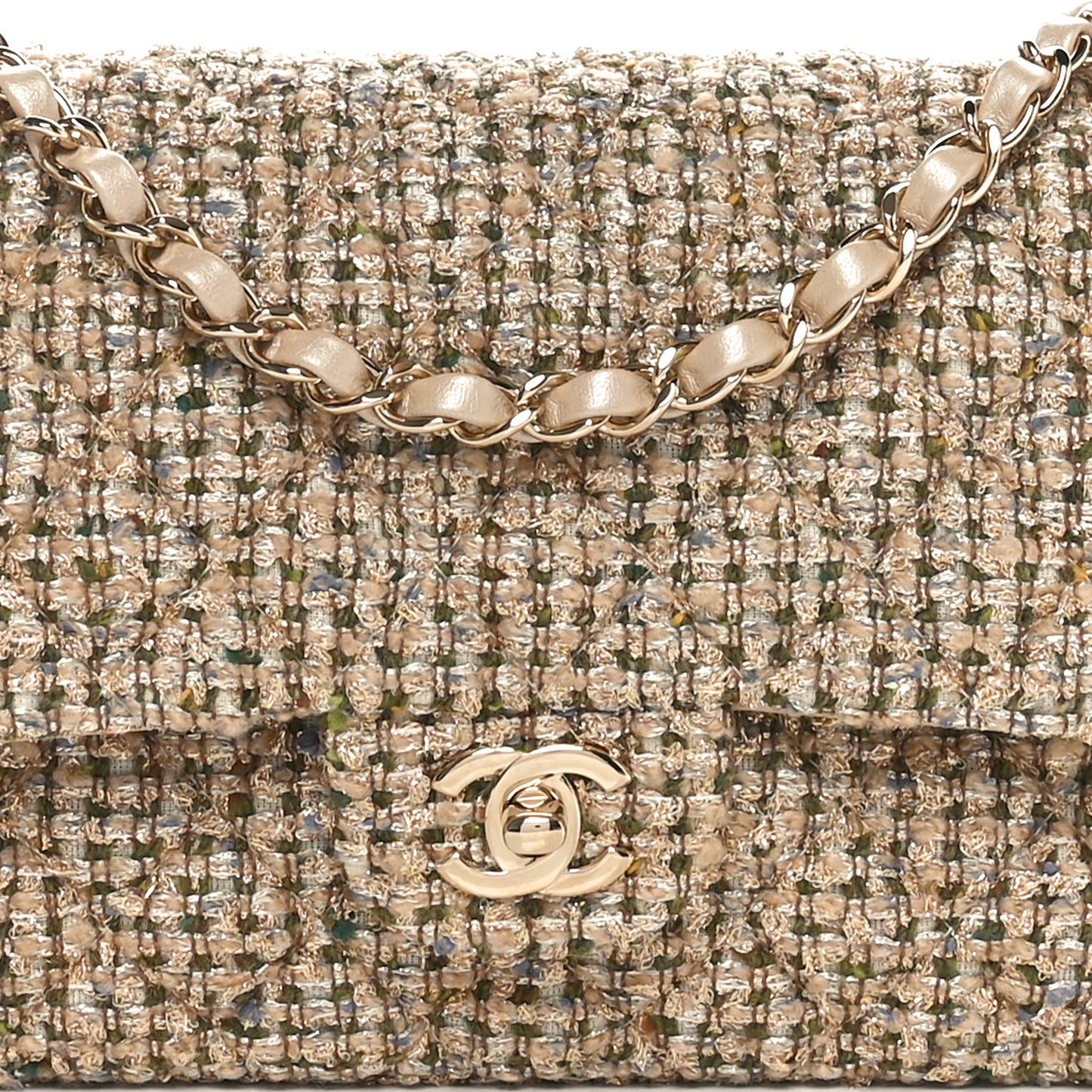 Tweed Quilted Medium Double Flap Beige Gold Multicolor