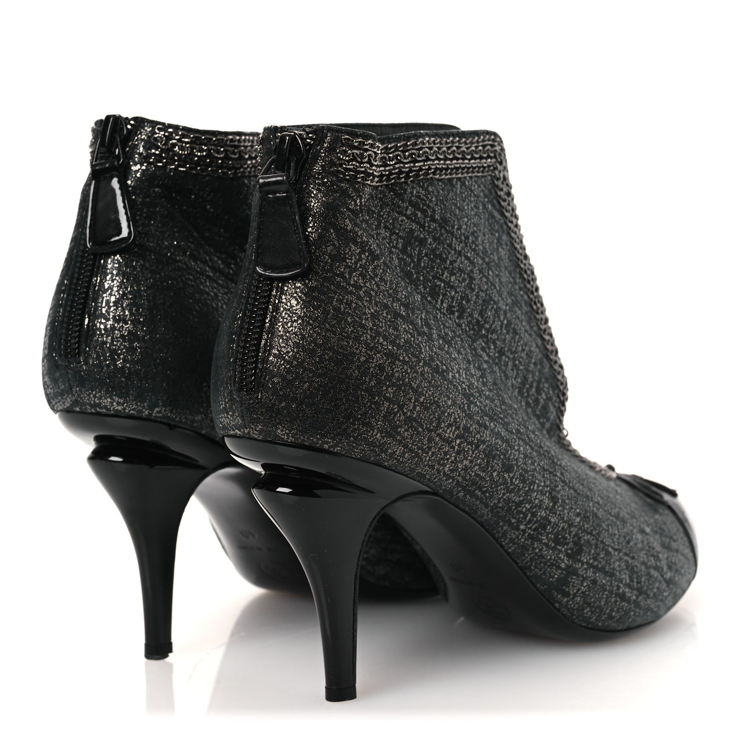 Metallic Tweed Patent Cap Toe CC Chain Ankle Booties 40 Black