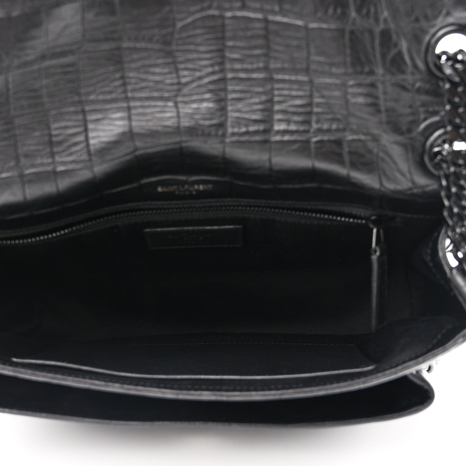 Saint Laurent Crinkled Calfskin Crocodile Embossed Monogram Medium Niki Chain Satchel Black 4 of 11