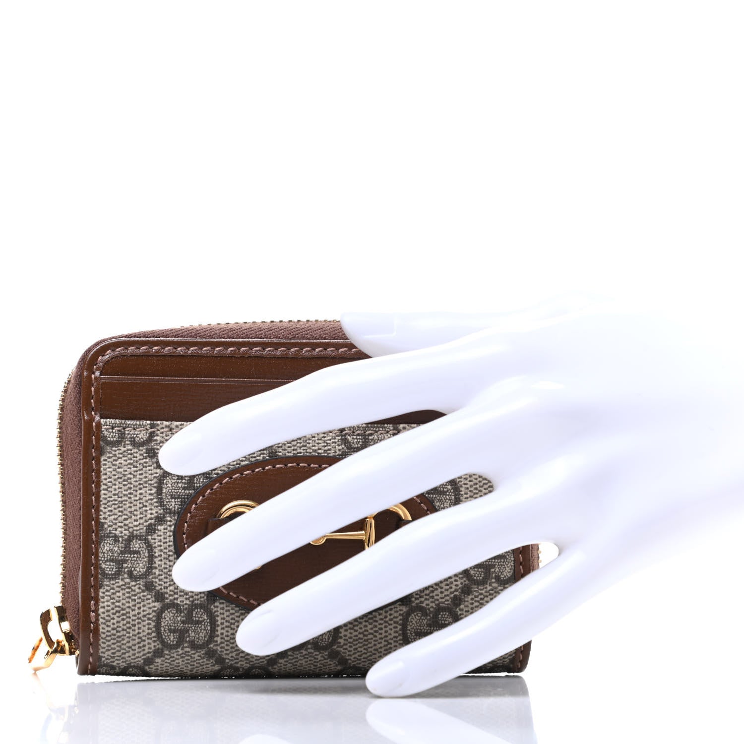 Gucci GG Supreme Monogram Azalea Calfskin Horsebit 1955 Zip Around ID Card Case Wallet Beige Ebony Brown Sugar 2 of 9