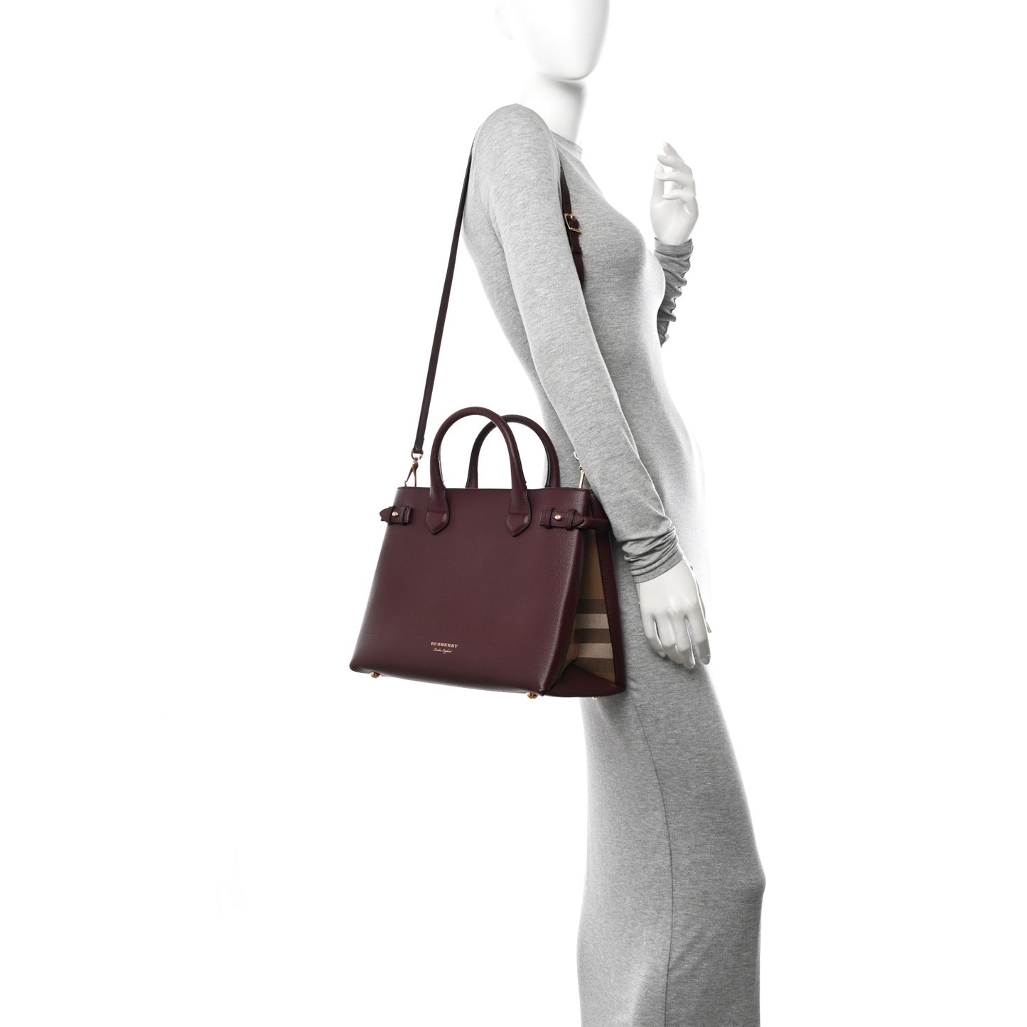 Derby Calfskin House Check Medium Banner Tote Mahogany Red