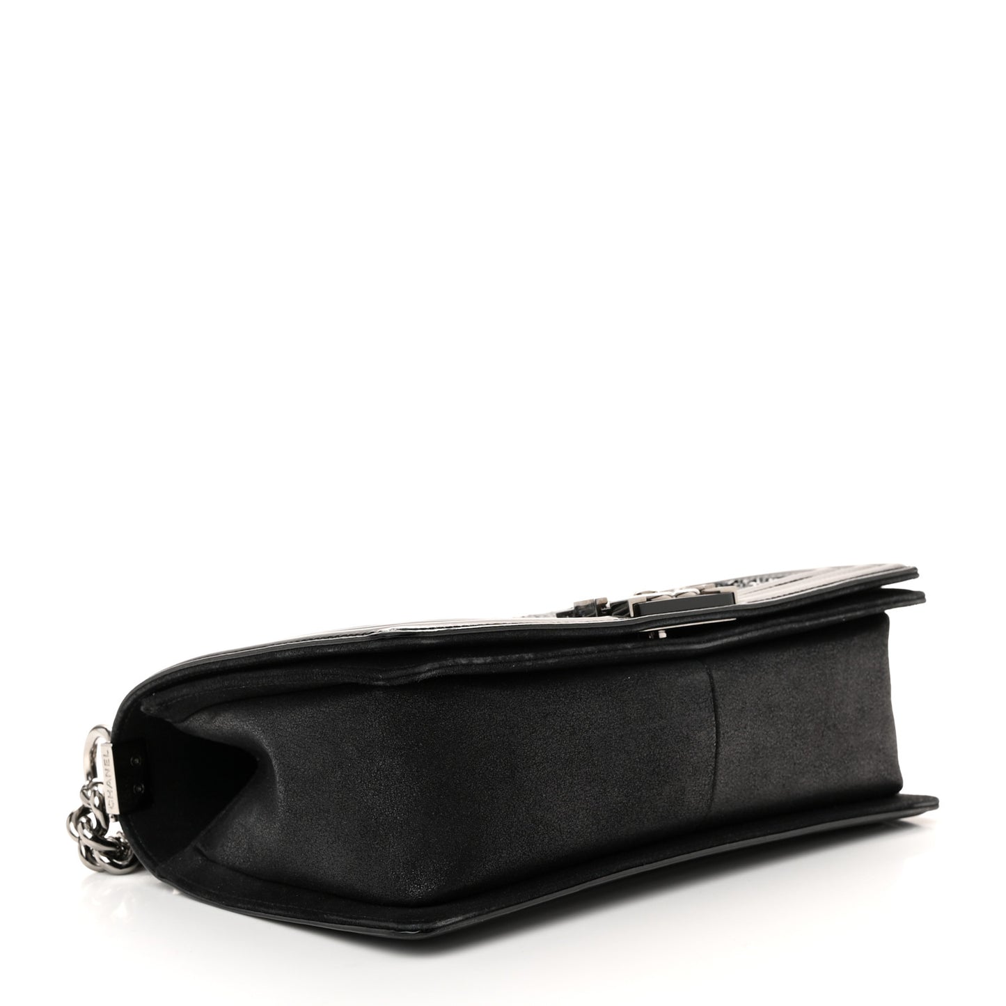 Patent Iridescent Calfskin Sequin Medium Boy Flap Bag Black