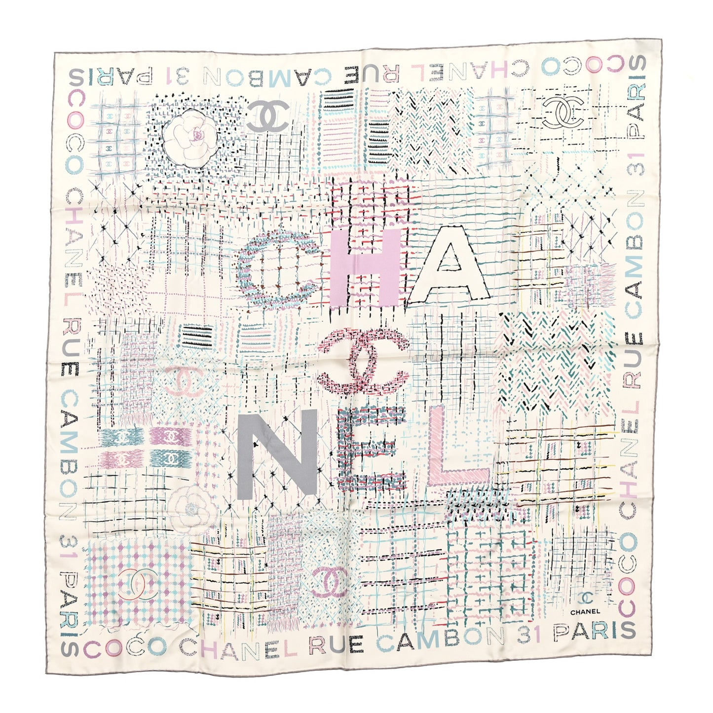 Silk CC Coco Paris Square Scarf Ecru Multicolor
