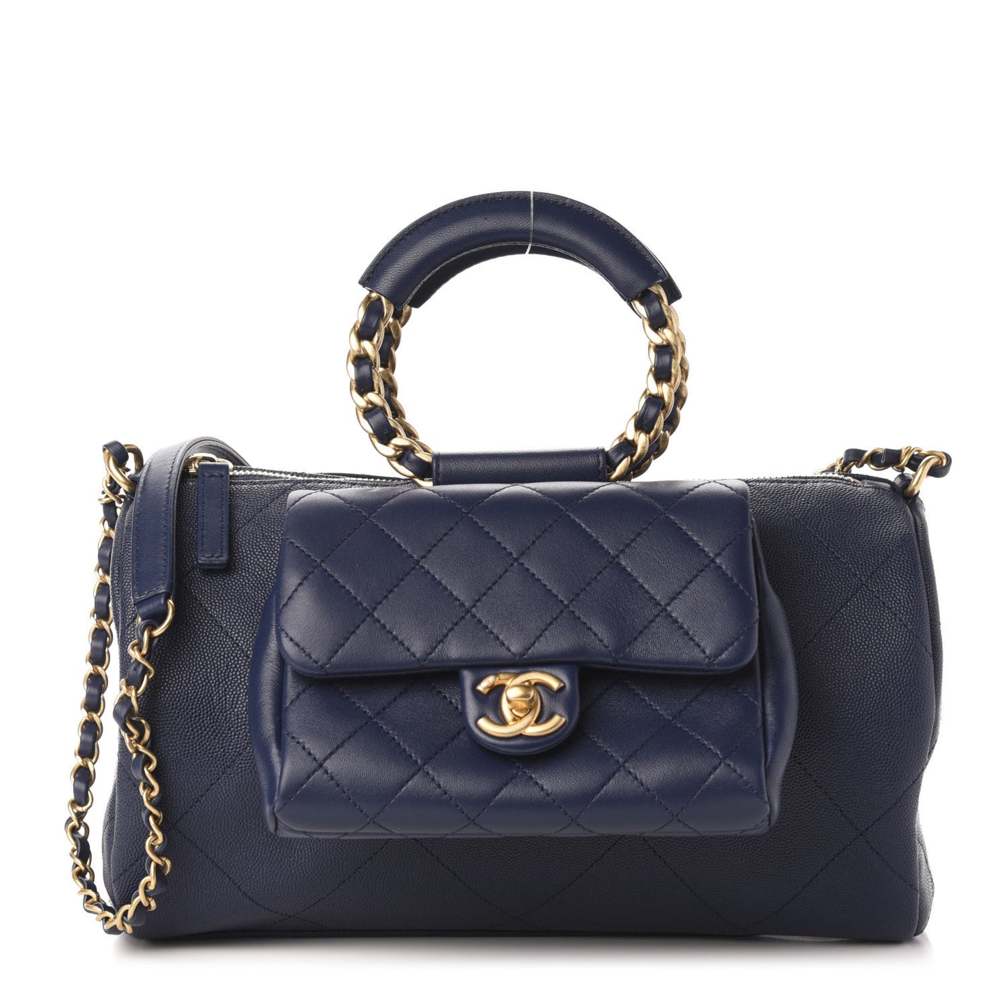 Grained Calfskin Lambskin Quilted Large Bowling Bag Blue