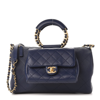 Chanel Grained Calfskin Lambskin Quilted Large Bowling Bag Blue 1 of 11