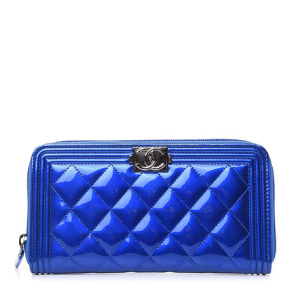 Chanel Metallic Patent Calfskin Quilted Boy L-Gusset Zip Wallet Blue 1 of 11