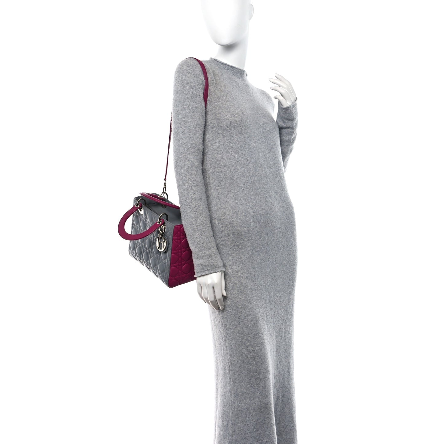 Lambskin Cannage Medium Lady Dior Grey Fuchsia