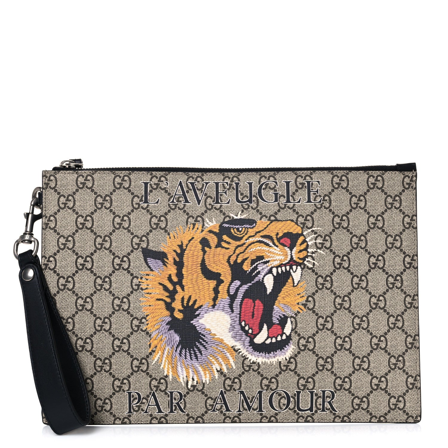 Gucci GG Supreme Monogram Tiger Zip Wristlet Pouch Beige 1 of 11