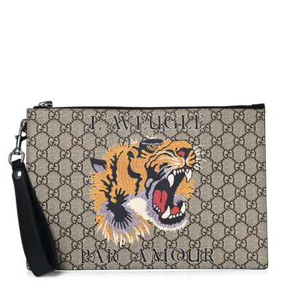 Gucci GG Supreme Monogram Tiger Zip Wristlet Pouch Beige 1 of 11