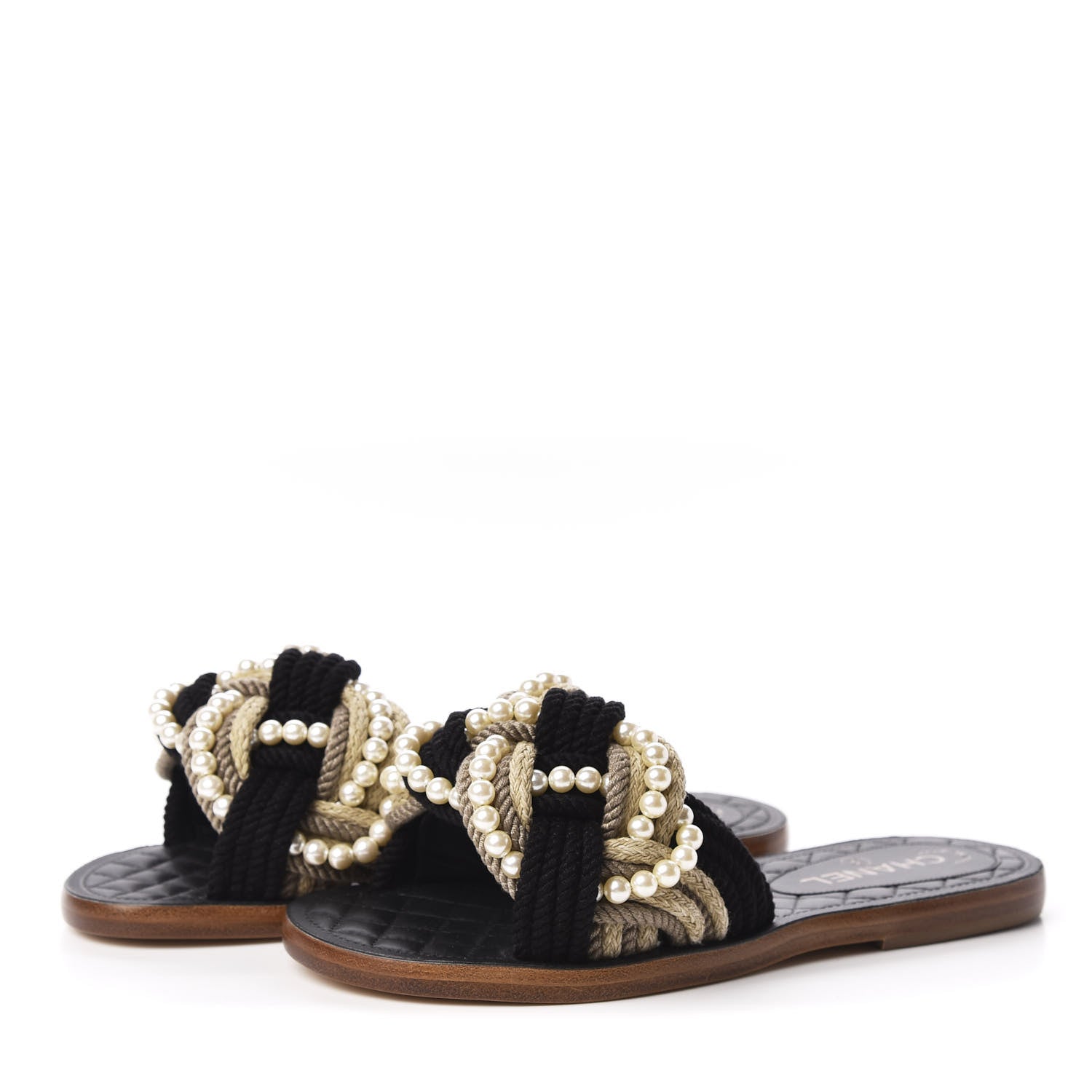 Chanel Lambskin Pearl Cord CC Mules 38 Black Beige 2 of 8