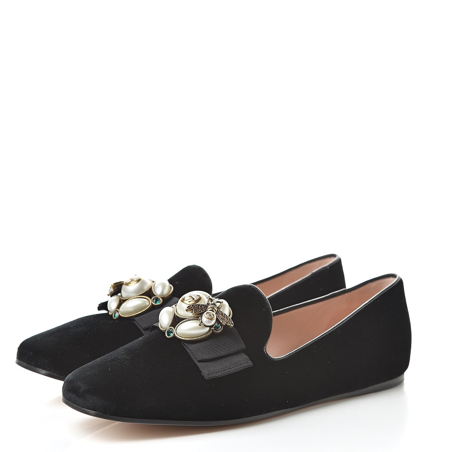 Gucci Velvet Etoile Pearl Embellished Loafers 38.5 Black 3 of 11