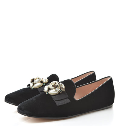 Gucci Velvet Etoile Pearl Embellished Loafers 38.5 Black 3 of 11