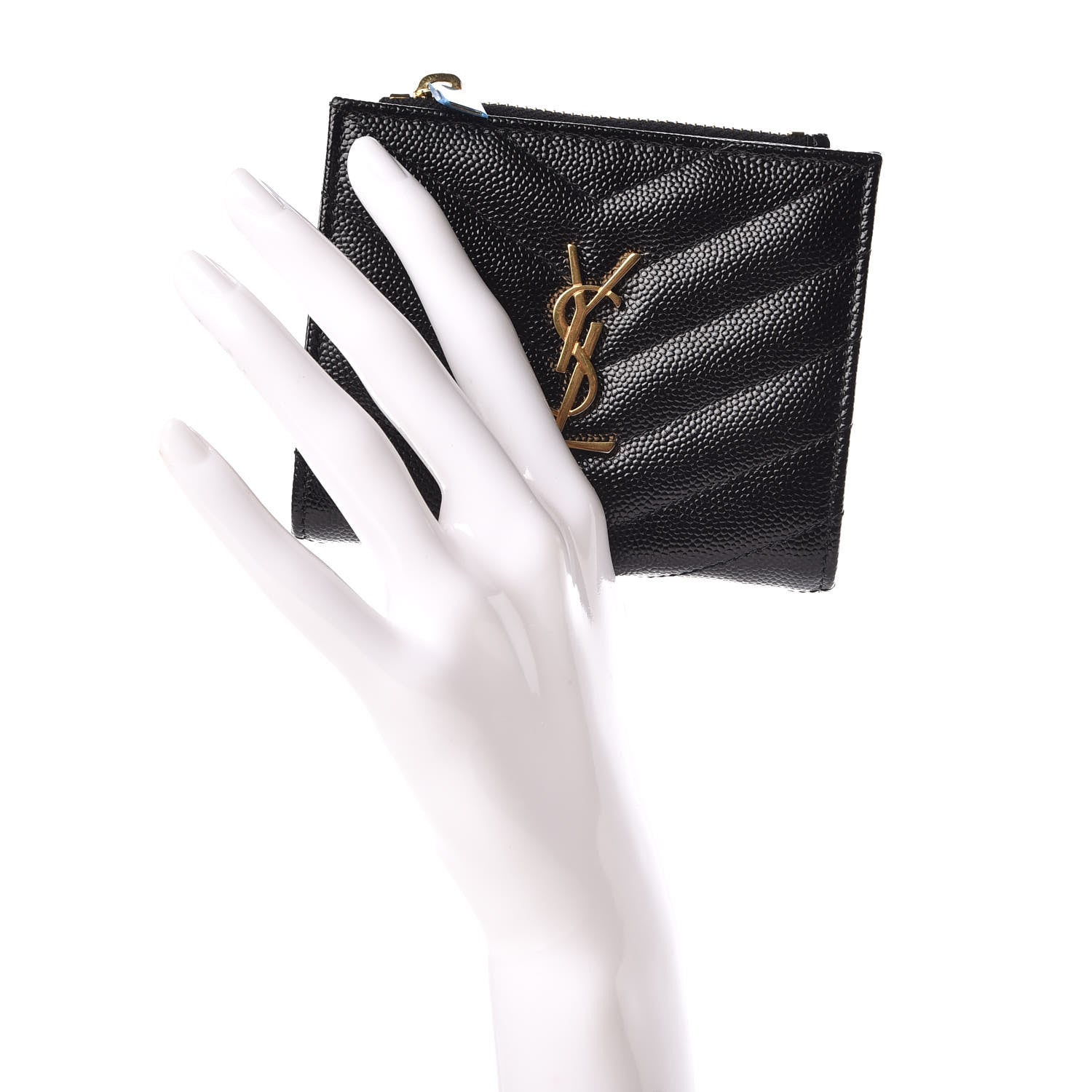 Saint Laurent Grain De Poudre Matelasse Chevron Monogram Zipped Card Case Black 2 of 8