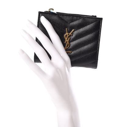Saint Laurent Grain De Poudre Matelasse Chevron Monogram Zipped Card Case Black 2 of 8