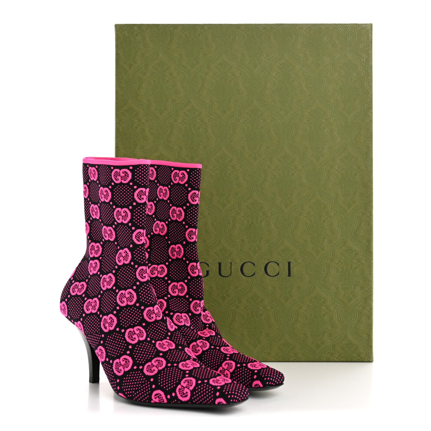 Gucci Technical Jersey Knit GG Monogram Square G 75mm Ankle Boots 37 Black Neon Fucsia 9 of 9