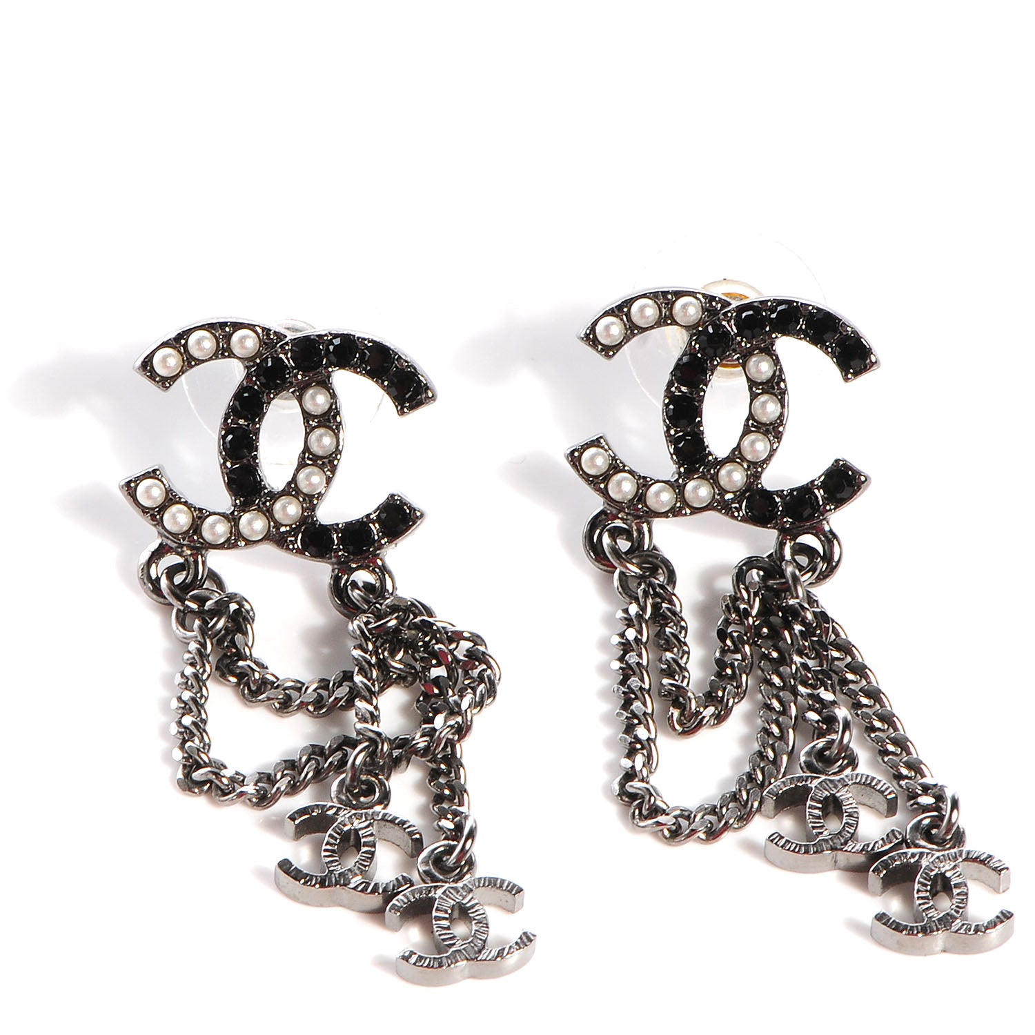 Chanel Pearl Beaded CC Chain Earrings Dark Silver 1 of 5