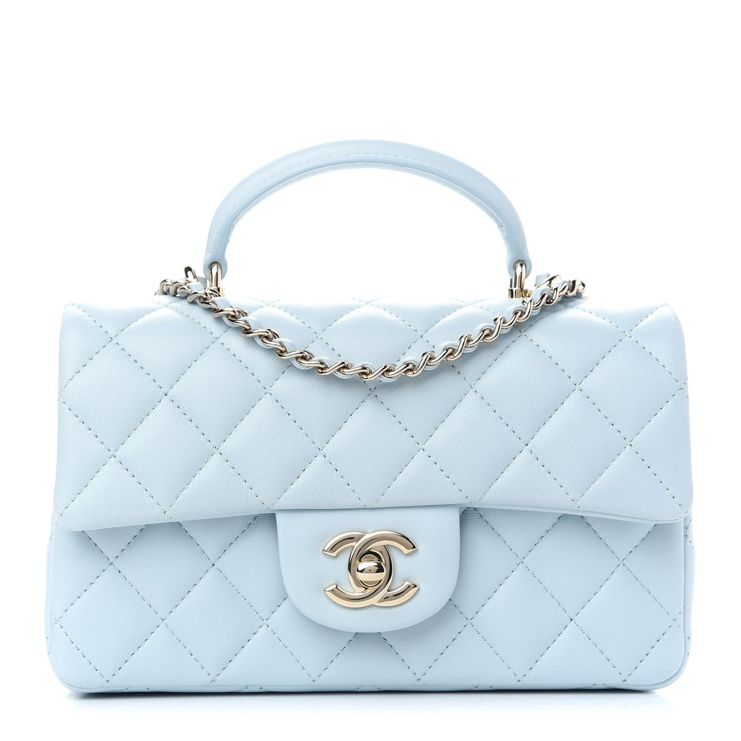 Lambskin Quilted Mini Top Handle Rectangular Flap Light Blue