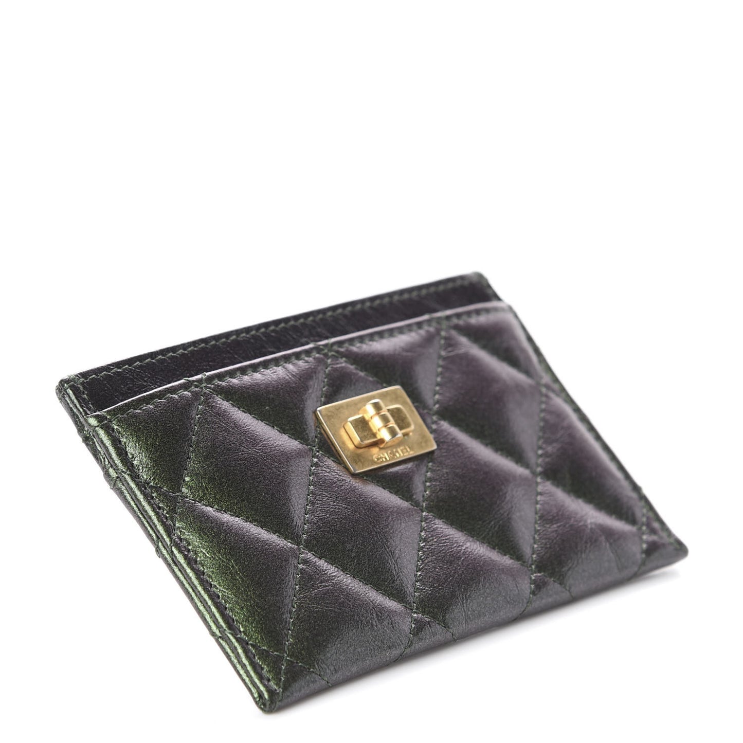 Glittered Aged Calfskin Quilted Reissue Card Holder Green