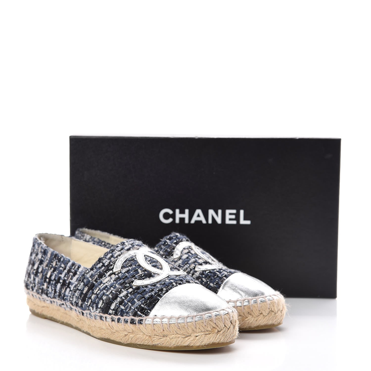 Chanel Metallic Tweed Lambskin CC Espadrilles 37 Blue Black Silver 12 of 12