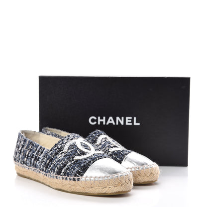 Chanel Metallic Tweed Lambskin CC Espadrilles 37 Blue Black Silver 12 of 12