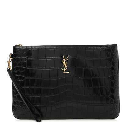 Saint Laurent Calfskin Crocodile Embossed Tablet Pouch Black 1 of 8
