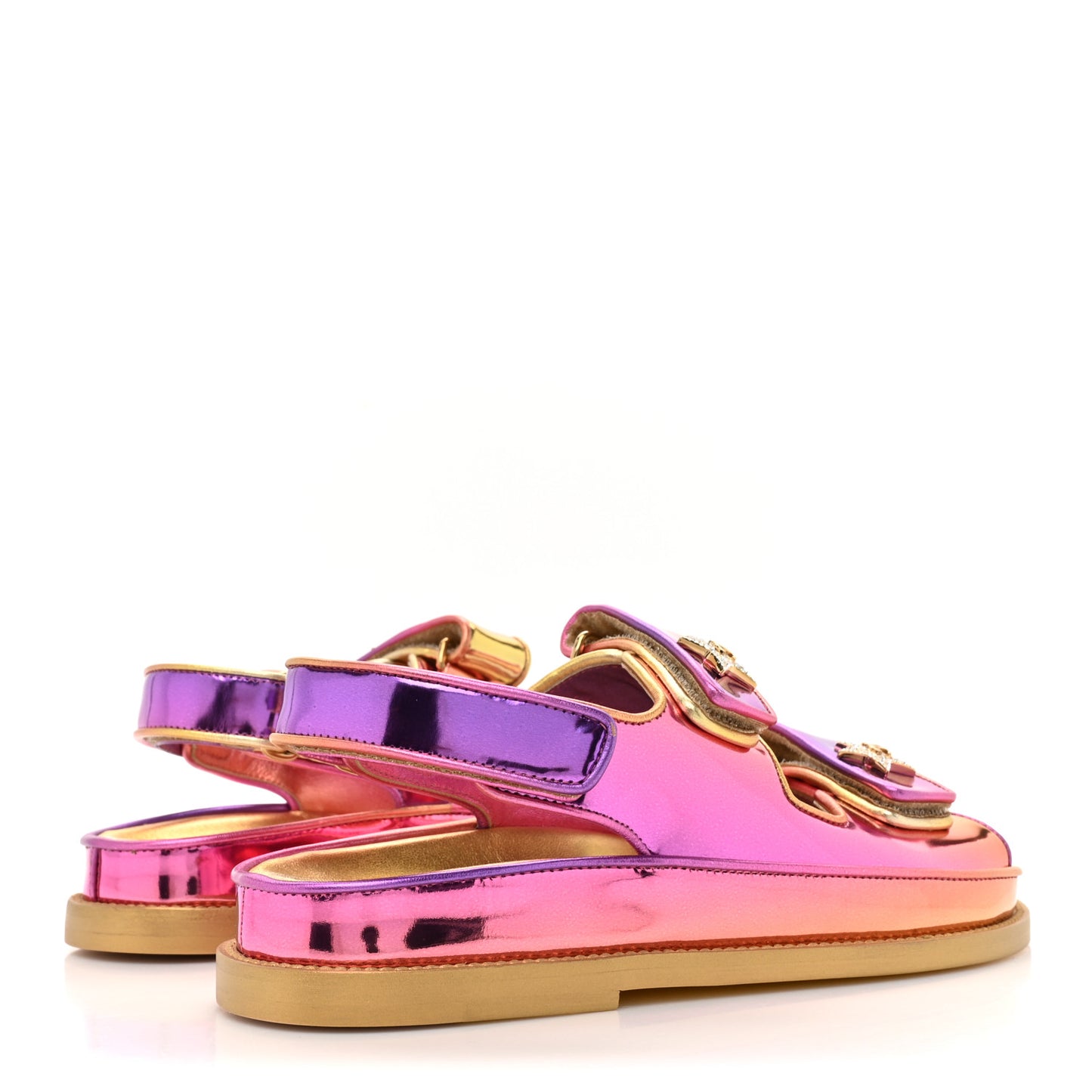 Metallic Laminated Calfskin Crystal Star CC Velcro Dad Sandals 36 Pink Orange Yellow