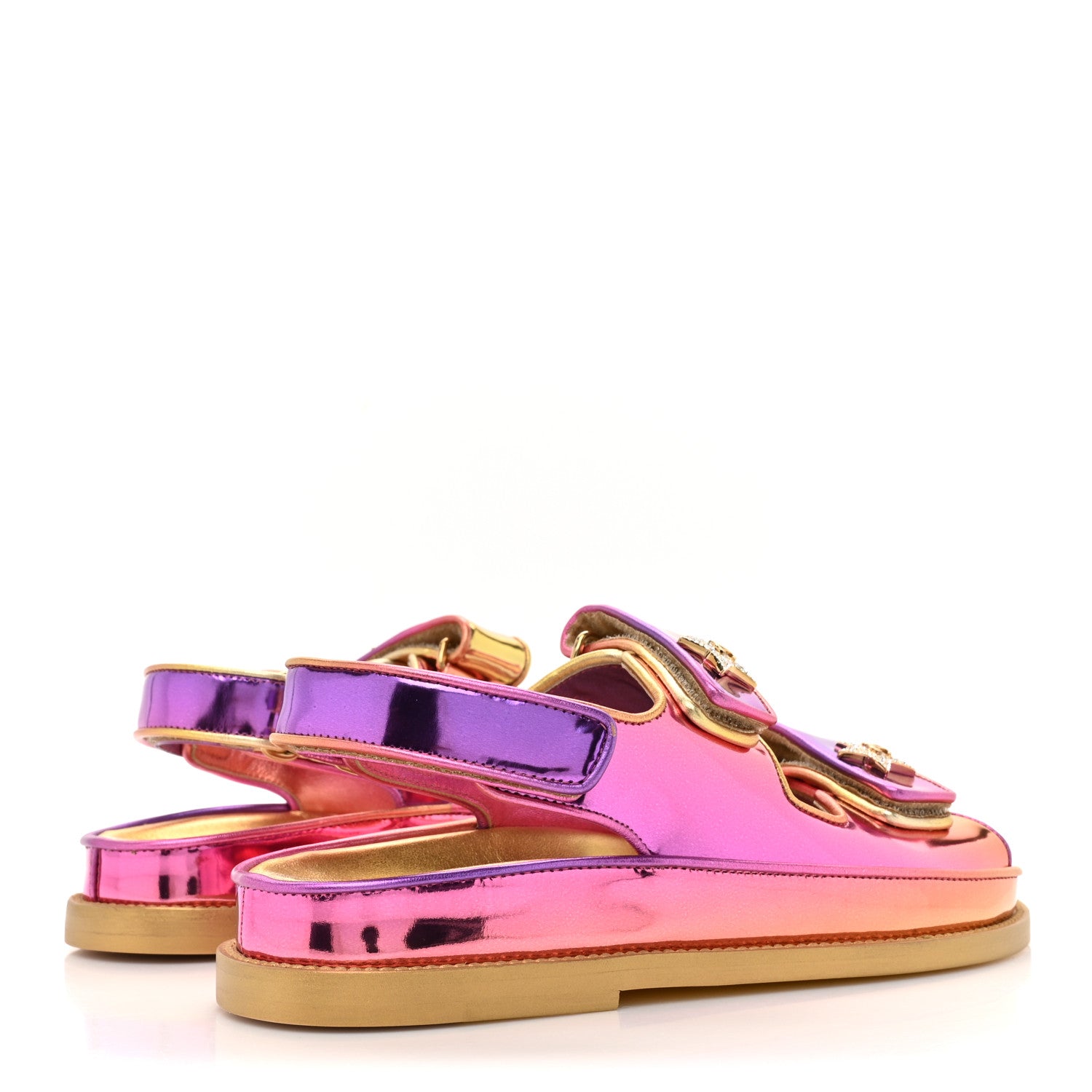Chanel Metallic Laminated Calfskin Crystal Star CC Velcro Dad Sandals 36 Pink Orange Yellow 5 of 10
