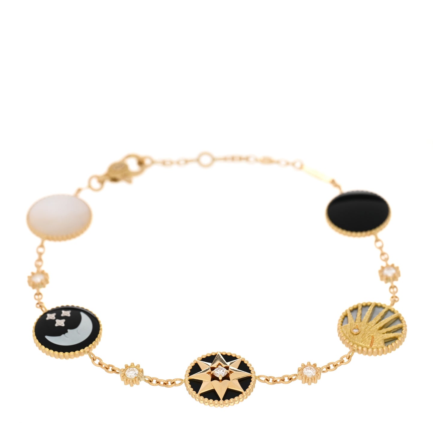 18K Yellow Gold Diamond Mother of Pearl Black Onyx Rose Des Vents and Rose Celeste 5 Charm Bracelet