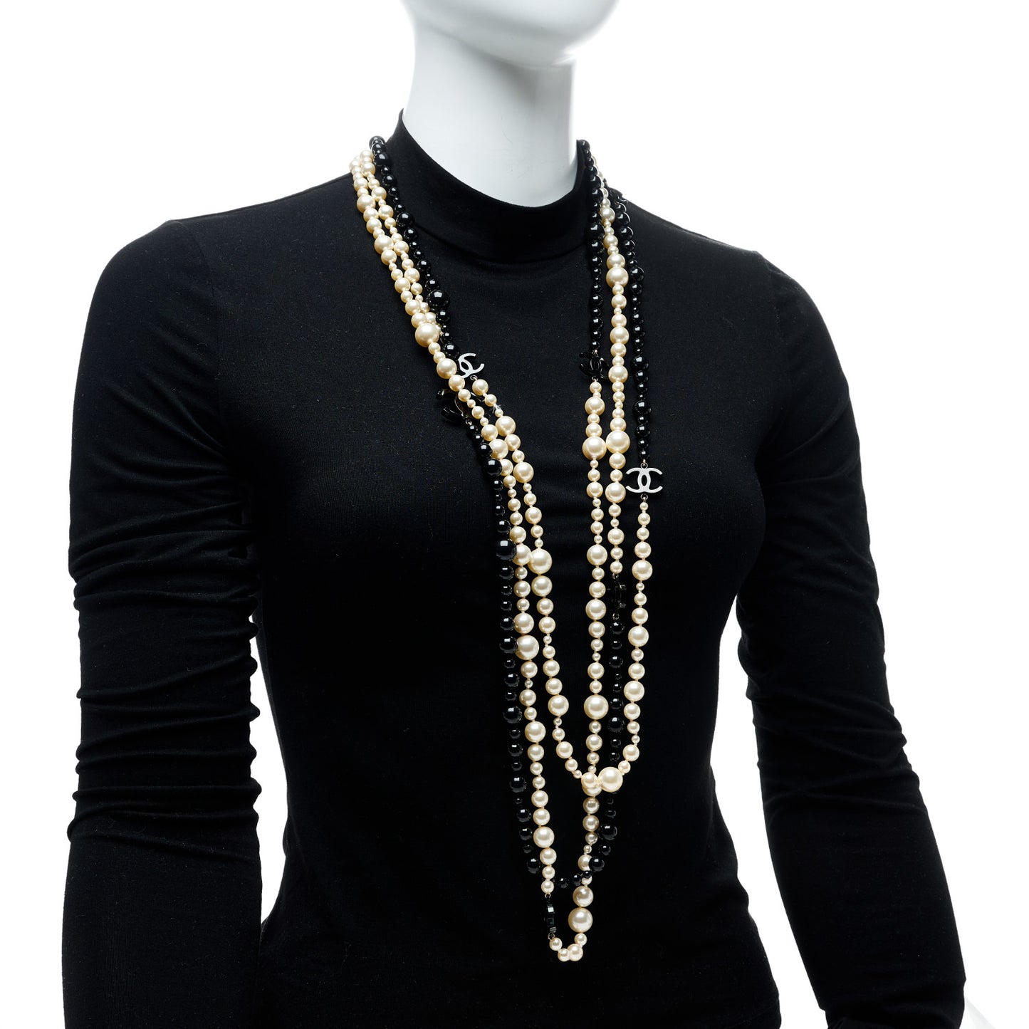 Pearl Beaded CC Long Triple Strand Necklace Black White