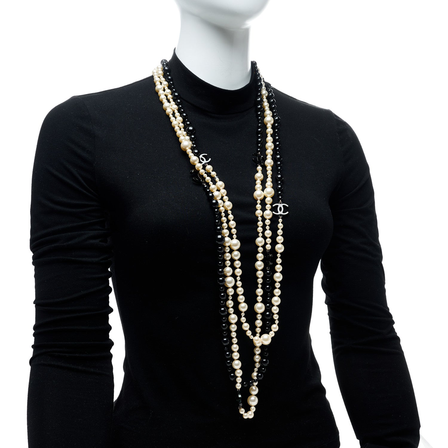 Chanel Pearl Beaded CC Long Triple Strand Necklace Black White 2 of 4