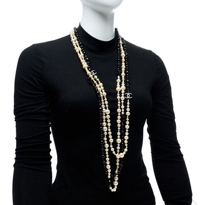 Chanel Pearl Beaded CC Long Triple Strand Necklace Black White 2 of 4