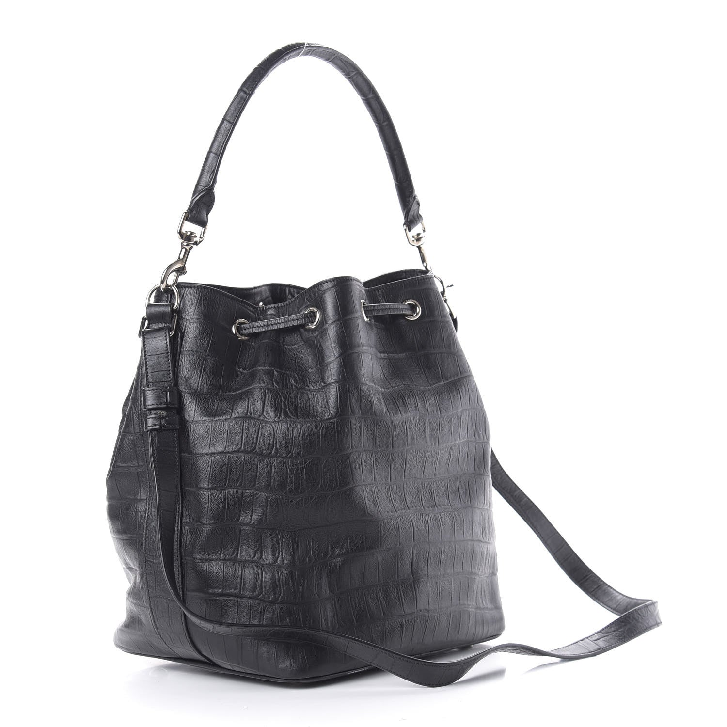 Saint Laurent Calfskin Crocodile Embossed Large Emmanuelle Bucket Bag Black 4 of 12