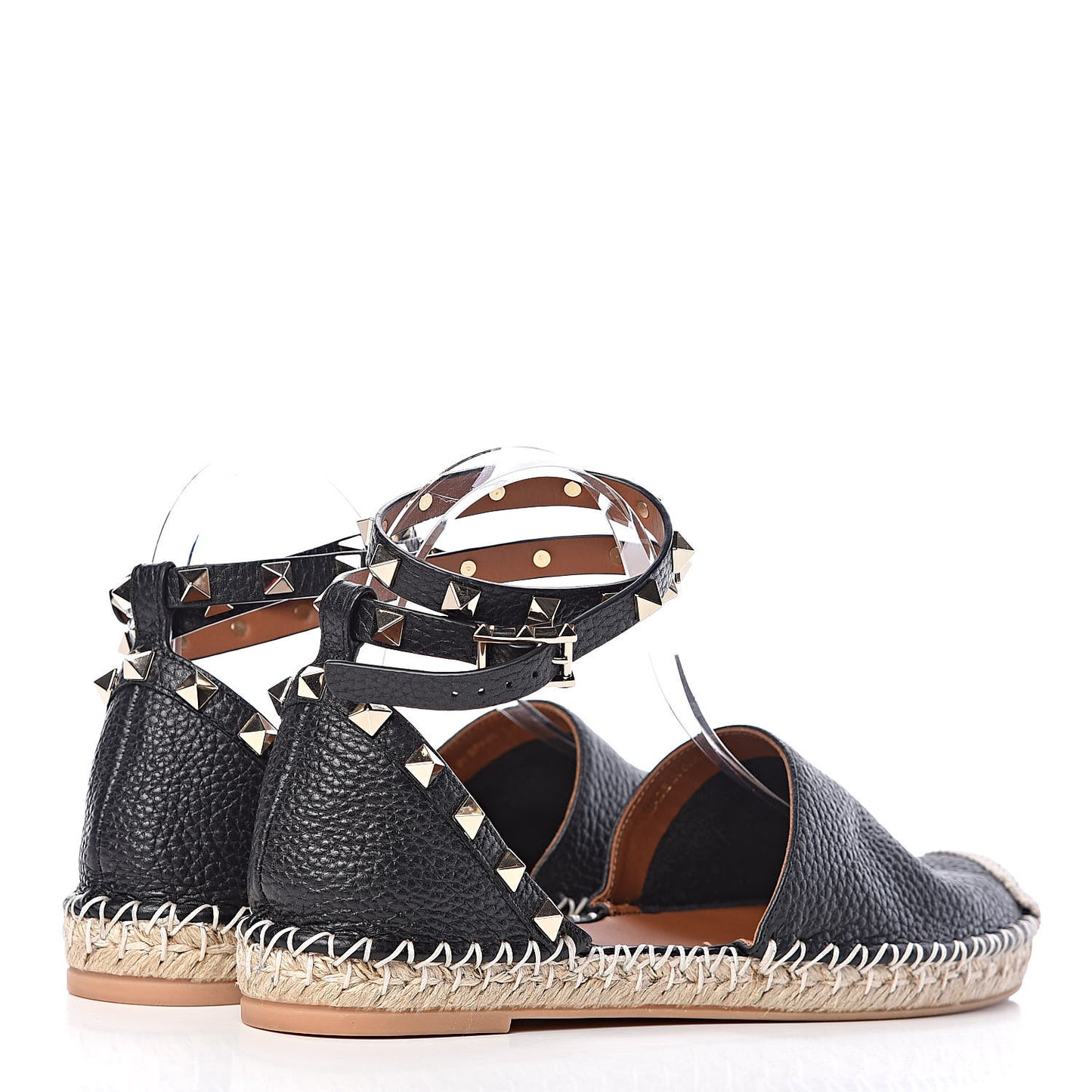 Grained Calfskin Rockstud Ankle Wrap Espadrille 20mm Flats 37 Black Light Cuir Natural