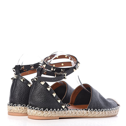 Valentino Garavani Grained Calfskin Rockstud Ankle Wrap Espadrille 20mm Flats 37 Black Light Cuir Natural 4 of 9