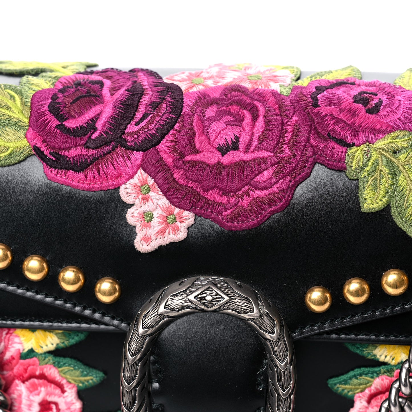 Calfskin Floral Embroidered Studded Small Dionysus Shoulder Bag Black