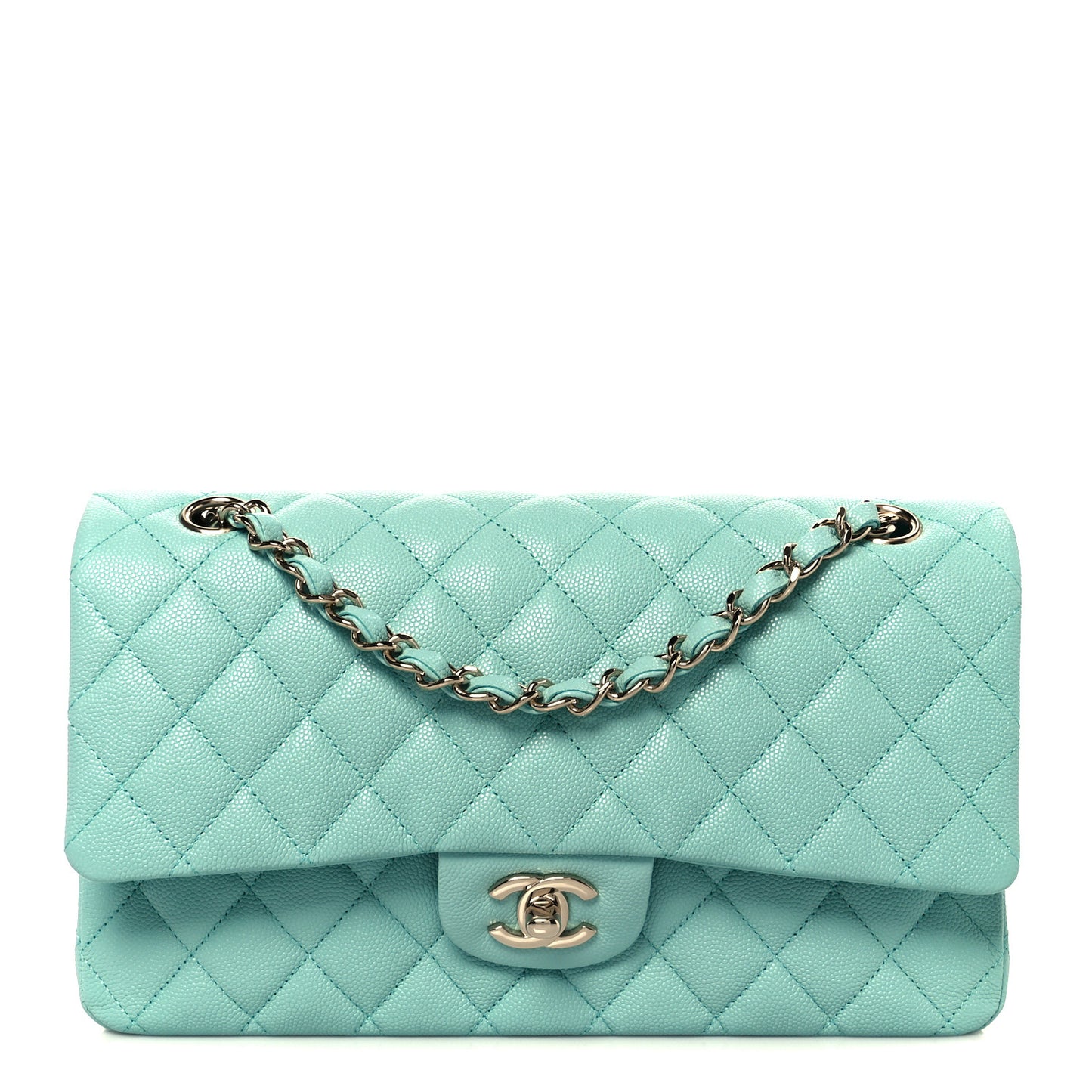 Caviar Quilted Medium Double Flap Light Blue