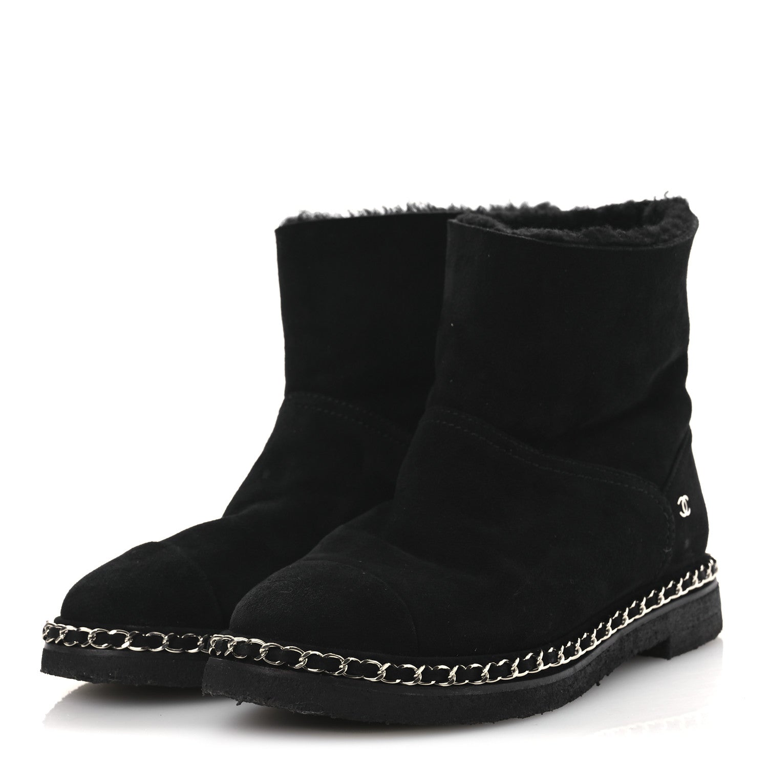 Chanel Kid Suede Shearling Womens Cap Toe Chain Short Boots 38 Black 4 of 13