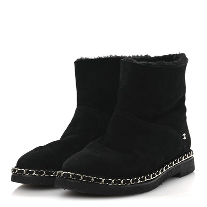 Chanel Kid Suede Shearling Womens Cap Toe Chain Short Boots 38 Black 4 of 13