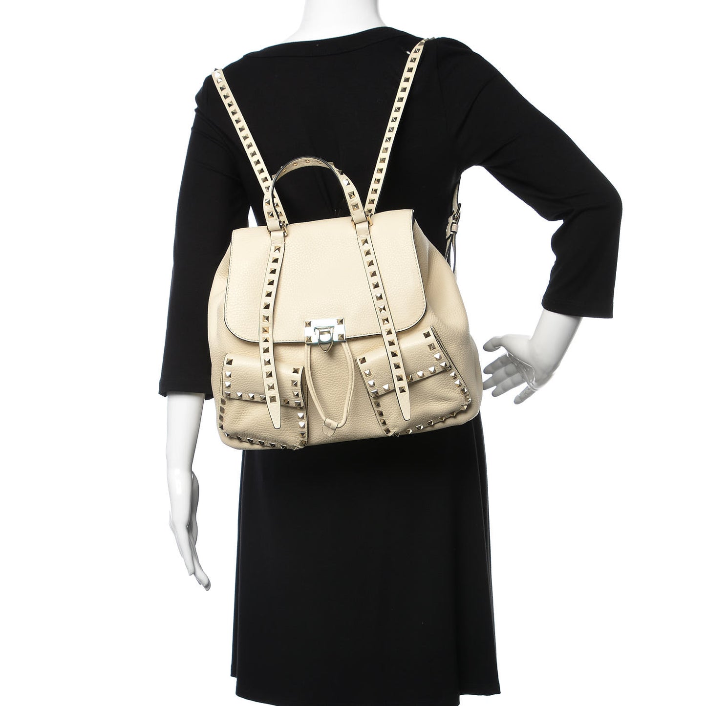 Pebbled Calfskin Rockstud Double Pocket Backpack Ivory