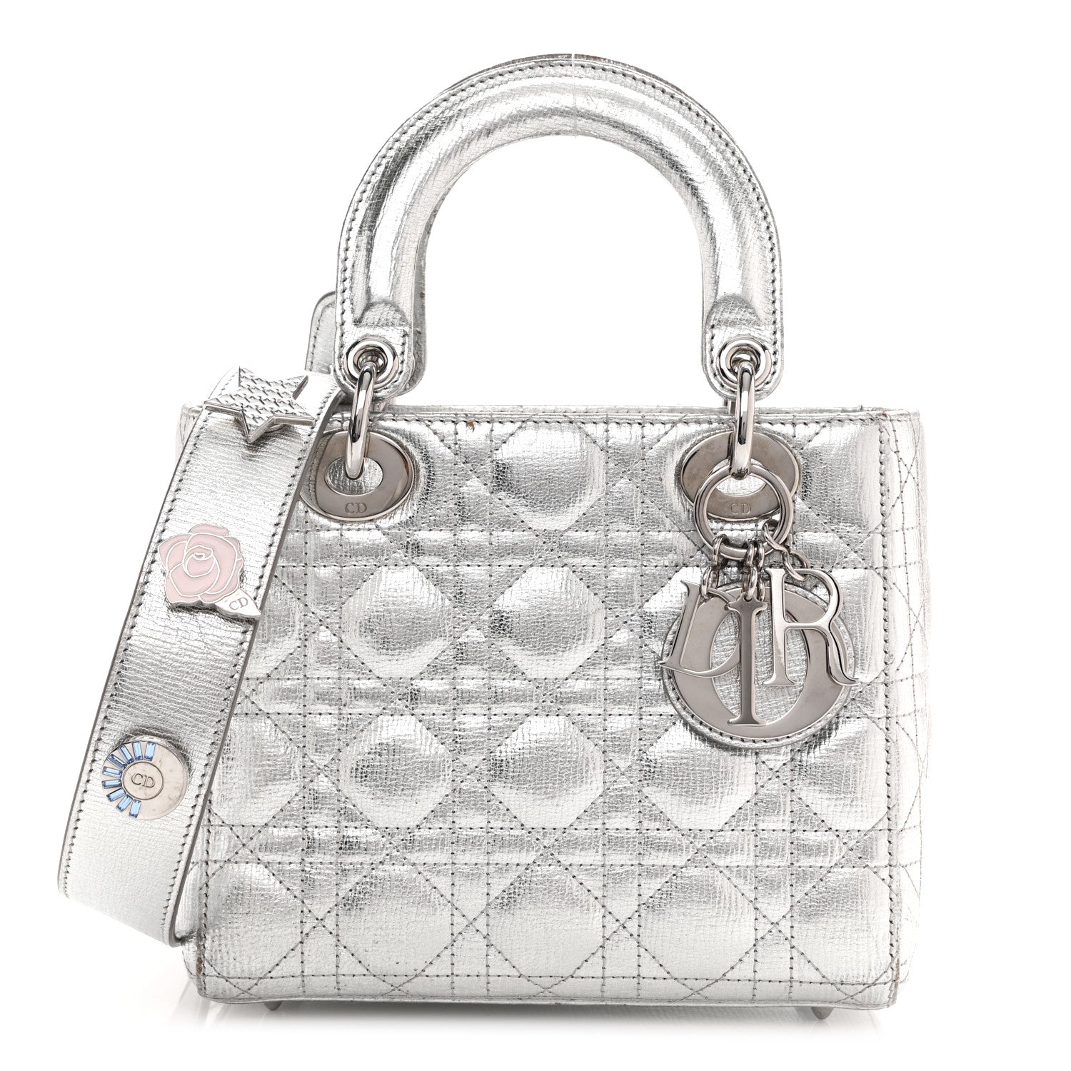 Christian Dior Metallic Grained Calfskin Cannage Small Lucky Badges My Lady Dior Silver 1 of 14